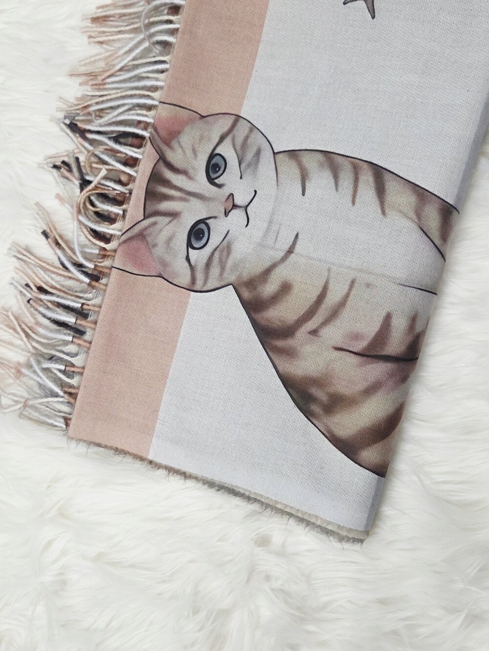 Cat Print Fringe Pet Blanket Scarf wrap - Pink and Cream - Picture 7 of 8